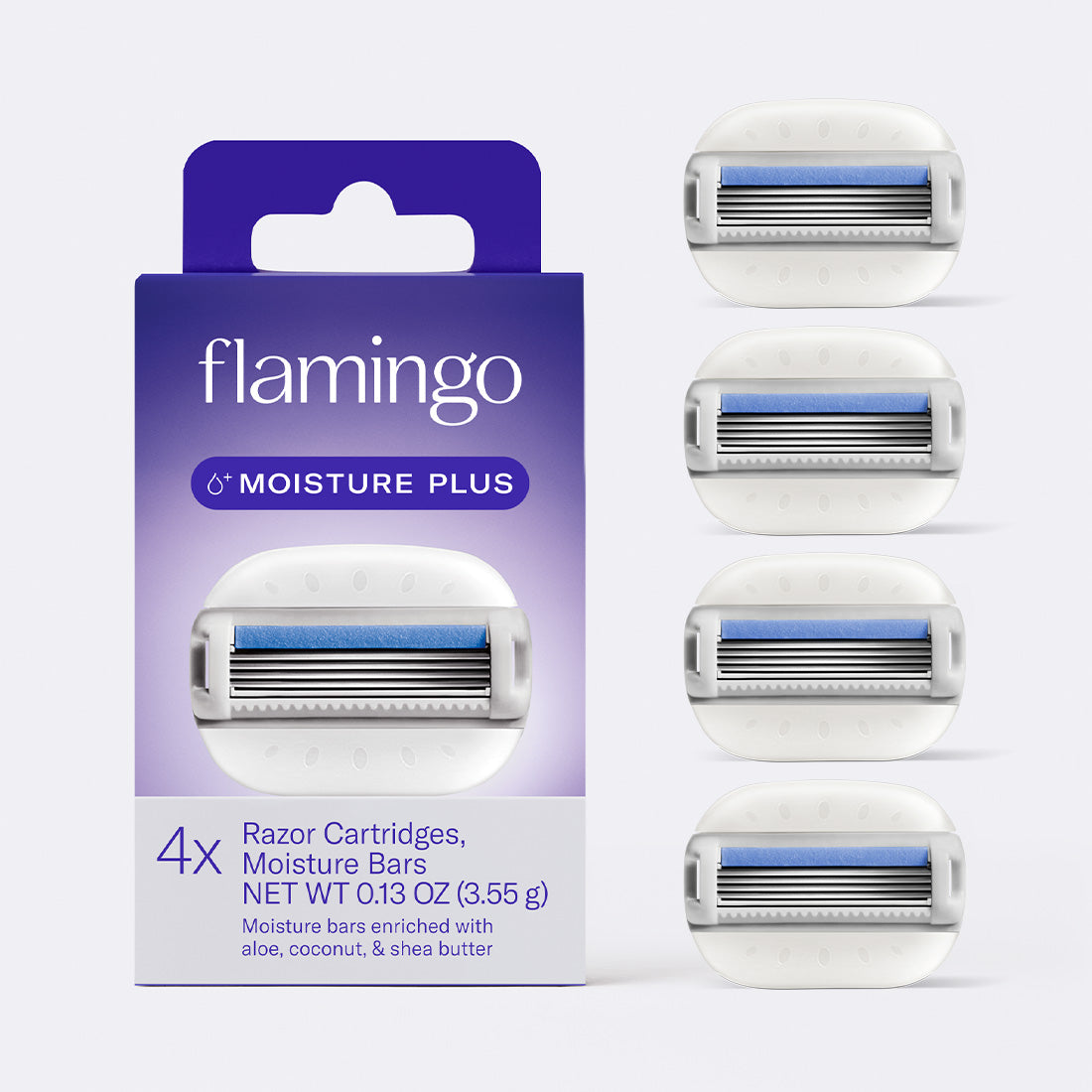 4 Moisture Plus Razor Cartridges next to the packaging. 